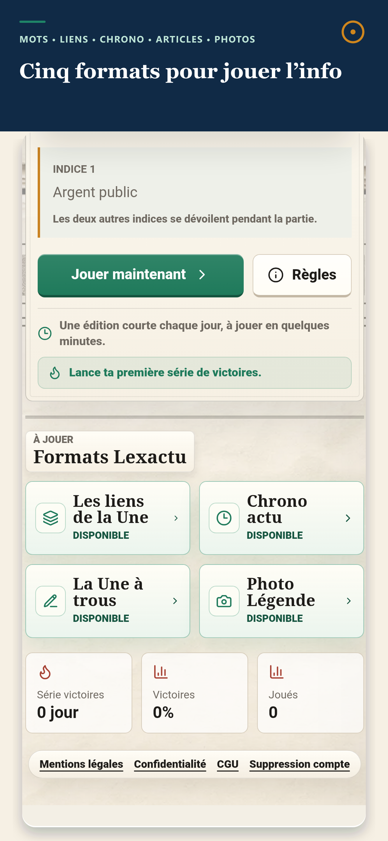 Écran Lexactu présentant les cinq formats de jeu